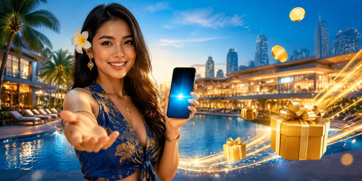 Model memperlihatkan informasi cashback bonus melalui tampilan layar smartphone